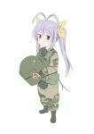  1girl antenna_hair blush boots camouflage commentary eyebrows_visible_through_hair fingerless_gloves gloves hair_ribbon headwear_removed helm helmet helmet_removed highres holding holding_helmet koshigaya_komari long_hair looking_at_viewer military military_uniform miyauchi_renge non_non_biyori photo_(object) pocket purple_hair rainbow_six_siege red_eyes ribbon solo sorita stick tachanka_(rainbow_six_siege) twintails uniform white_background yellow_ribbon 