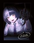  1girl absurdres alternate_costume black_border black_gloves black_hair black_necktie border breasts bug centipede collared_shirt commentary dress_shirt elbow_rest english_text gloves grey_hair hair_ornament hand_on_own_cheek hand_on_own_face head_rest highres holding hololive hololive_english inset_border jacket large_breasts light_blush long_hair looking_at_viewer multicolored_hair necktie open_clothes open_jacket open_mouth outside_border outstretched_arm reendhw shiori_novella shirt sleeves_rolled_up solo speech_bubble split-color_hair suit_jacket two-tone_hair untranslatable_commentary white_jacket white_shirt yellow_eyes 