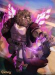  abs angry animal_ears astatos aura bara barefoot baseball_bat baseball_stadium claws closed_mouth copyright_logo copyright_name copyright_notice dark_aura digitigrade electricity electrokinesis english_commentary furry furry_male hands_on_own_hips highres holding holding_baseball_bat lion_boy lion_ears lion_mane lion_tail logo looking_at_another makari-hari_(astatos) male_focus muscular muscular_male official_art pants pectorals red_shirt shirt tail tiggonthegreat white_pants white_shirt wings 