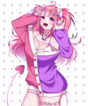  1girl absurdres ahoge bandaid bandaid_hair_ornament bone_hair_ornament bra breasts button_hair_ornament candy_hair_ornament cleavage decora demon_girl demon_horns fishnet_top fishnets food-themed_hair_ornament hair_ornament heart heart_ahoge heart_hair_ornament heart_in_eye heart_print highres horns indie_virtual_youtuber ironmouse ironmouse_outfit_art_contest large_breasts lollipop_hair_ornament long_hair looking_at_viewer multicolored_hair open_mouth pajamas pink_hair pink_pajamas purple_eyes purple_hair purple_pajamas purple_streaks sharp_teeth skull_hair_ornament solo sparkle_hair_ornament spiked_thigh_strap strawberry_hair_ornament streaked_hair symbol_in_eye teeth thighs two-tone_pajamas two_side_up underwear uwuvalencita virtual_youtuber white_bra white_horns 