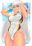  1girl bangs blue_eyes bracelet breasts dark_skin eyebrows_visible_through_hair jewelry long_hair looking_at_viewer mole mole_under_mouth one-piece_swimsuit original panzer silver_hair solo swimsuit tan tanline wet 