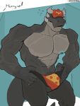 3:4 abs anthro big_muscles big_pecs billy_(rolenzoart) black_clothing black_underwear bulge cheek_spikes chest_tattoo clothing digital_media_(artwork) dragon english_text facial_spikes grey_body hat head_horn headgear headwear hi_res hidden_eyes horn male muscular muscular_anthro muscular_arms muscular_male mythological_creature mythological_scalie mythology nipples pecs rolenzoart scalie solo spikes spikes_(anatomy) tattoo text underwear url wingless_dragon