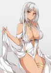  1girl azur_lane bare_shoulders body_markings breasts cleavage covered_navel cowboy_shot dress facial_mark forehead_mark grey_background halter_dress highres jewelry large_breasts long_hair massachusetts_(azur_lane) massachusetts_(dressed_to_impress)_(azur_lane) native_american necklace olly_(ollycrescent) thighlet white_dress white_hair yellow_eyes 