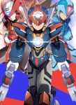  3boys absurdres arm_cannon armor axl_(mega_man) axl_bullets black_armor blonde_hair blue_armor blue_helmet brown_hair chest_jewel clenched_teeth commentary_request cross_scar facial_mark finger_on_trigger forehead_jewel gun helmet highres holding holding_gun holding_weapon looking_at_viewer mega_man_(series) mega_man_x_(series) multiple_boys ponytail red_armor red_helmet scar shoulder_armor spiked_hair teeth weapon x_(mega_man) zelitto zero_(mega_man) 