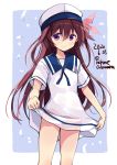  1girl blush brown_hair cosplay dated dress dress_lift eyebrows_visible_through_hair feet_out_of_frame hair_between_eyes hat hiburi_(kantai_collection) hiburi_(kantai_collection)_(cosplay) kantai_collection kisaragi_(kantai_collection) lifted_by_self long_hair odawara_hakone purple_eyes sailor_dress sailor_hat short_sleeves smile solo twitter_username white_dress white_headwear 