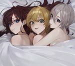  3girls :3 ahoge bangs bed bed_sheet black_eyes blonde_hair blue_eyes brown_hair cuddling eyebrows_visible_through_hair girl_sandwich green_eyes grey_hair hair_between_eyes hair_intakes ichinose_shiki idolmaster idolmaster_cinderella_girls long_eyelashes long_hair messy_hair miyamoto_frederica mossi multiple_girls naked_sheet open_mouth sandwiched shiomi_shuuko short_hair smile spooning topless under_covers 