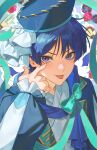  1boy :p akanbe alternate_costume aqua_bow bishounen blue_hair blue_hat blue_jacket blue_sleeves blunt_ends bow commentary english_commentary eyelashes eyelid_pull eyeliner finger_to_eye frilled_hat frilled_sleeves frills genshin_impact hand_up hat highres jacket japanese_clothes joey_ruvoa kimono layered_sleeves long_sleeves looking_at_viewer makeup male_focus open_clothes open_jacket purple_eyes red_eyeliner scaramouche_(genshin_impact) solo tongue tongue_out wanderer_(genshin_impact) white_kimono wispy_bangs wolf_cut 