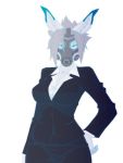  3:4 anthro blue_body blue_fur breasts brown_eyes clothed clothing fan_character female fur gas_mask grey_hair hair mask multicolored_body multicolored_fur q_wed simple_background solo two_tone_body two_tone_fur white_background white_body white_fur 