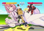  3girls animal_ears black_gloves black_hair black_shoes black_shorts blonde_hair cat_ears cat_girl commentary_request dress fighting_game gloves health_bar highres ju_fufu long_hair medium_hair multiple_girls muscular muscular_female nekomiya_mana pink_eyes pink_hair remielle_dan shoes shorts smile striped_fur striped_hair tail thighhighs tiger_ears tiger_girl tiger_tail uppercut white_dress white_thighhighs yama_kabosu zenless_zone_zero 
