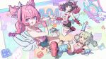  3girls :d angels_of_delusion aqua_streaks aria_(human)_(cuteness_loading)_(zenless_zone_zero) aria_(human)_(zenless_zone_zero) aria_(robot)_(zenless_zone_zero) aria_(zenless_zone_zero) arm_warmers bag bangboo_(zenless_zone_zero) bare_shoulders black_hair blue_eyes bow character_print commentary english_text falling fingerless_gloves full_body gloves green_eyes green_hair green_halo hair_bow hair_ornament hairclip halo highres leg_warmers looking_at_viewer multicolored_hair multiple_girls nangong_yu nangong_yu_(heartfelt_support) official_alternate_costume one_eye_closed open_mouth pink_bag pink_gloves pink_hair pink_shirt red_eyes self_character_print shirt shorts single_glove smile streaked_hair striped_arm_warmers striped_leg_warmers sunna_(delusions_in_business)_(zenless_zone_zero) sunna_(zenless_zone_zero) too_many_bows twintails wavy_mouth white_wings winged_bag wings yahaha zenless_zone_zero 