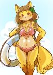  2020 anthro bikini breasts brown_hair canid canine cleavage clothed clothing female fox fur hair hand_on_hip inner_tube kemono mammal navel setouchi_kurage solo swimwear yellow_body yellow_fur 