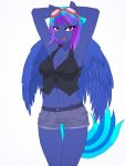  3:4 anthro blue_body blue_fur blue_hair breasts clothed clothing equid equine eyewear fan_character female fluffy fluffy_tail fur glasses hair mammal multicolored_hair open_mouth open_smile partially_clothed pegasus purple_eyes purple_hair q_wed simple_background smile solo tongue tongue_out two_tone_hair white_background wings 