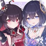  2girls ahoge animal_print black_hair blue_eyes blue_hair bob_cut border breasts bright_pupils butterfly_print cleavage colored_inner_hair commentary_request detached_collar dress floral_print gem gloves hair_between_eyes hair_ornament hairclip heart highres honkai_(series) honkai_impact_3rd long_hair looking_at_viewer multicolored_hair multiple_girls open_mouth red_eyes red_gem red_hair rinna_(xxrinna) see-through_clothes seele_(alter_ego) seele_vollerei seele_vollerei_(starchasm_nyx) seele_vollerei_(wings_of_panacea) smile 