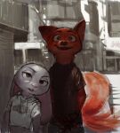 bemused canid canine cropped_hoodie disney duo english_text european_rabbit female fox hands_together judy_hopps lagomorph leporid male mammal mi3e nick_wilde oryctolagus rabbit red_fox size_difference sketch smile tail tail_motion tailwag text true_fox zootopia