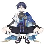  1boy anemo_symbol_(genshin_impact) armor belt bishounen black_belt black_bodysuit black_bow black_sandals black_shorts blue_cape blue_gem blue_kimono blue_sleeves blunt_ends bodysuit bow cape commentary_request covered_collarbone eyeliner feathers full_body furisode gem genshin_impact hakama hakama_shorts hands_on_own_knees highres japanese_armor japanese_clothes juban kimono kote kurokote layered_sleeves leg_warmers looking_at_viewer makeup male_focus mandarin_collar open_clothes open_kimono parted_lips pleated_shorts pom_pom_(clothes) purple_eyes purple_rope purple_sash red_eyeliner retujyo4go rope sandals sash scaramouche_(genshin_impact) short_sleeves shorts shoulder_peek side_cape simple_background solo squatting stirrup_legwear straight-on tassel toeless_legwear toes tsurime wanderer_(genshin_impact) white_background white_kimono white_leg_warmers white_mouth white_sleeves white_trim wolf_cut yellow_feathers zouri 