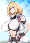  1girl abs absurdres angelise_ikaruga_misurugi antenna_hair armor bare_shoulders belt blonde_hair blue_sky blush breasts brown_gloves commentary_request cropped_vest cross_ange faulds fingerless_gloves gloves grin highres huge_breasts looking_at_viewer mattari_yufi midriff navel purple_vest red_eyes short_hair sky smile solo sports_bra vest white_sports_bra white_vest 