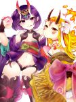  2girls artist_request bangs bare_shoulders blonde_hair bob_cut breasts bridal_gauntlets closed_mouth collarbone eyeliner facial_mark fate/grand_order fate_(series) food forehead forehead_mark fruit hair_pulled_back hair_ribbon headpiece highres horns ibaraki_douji_(fate/grand_order) japanese_clothes kimono licking_lips long_sleeves looking_at_viewer makeup multiple_girls navel obi off_shoulder oni oni_horns peach pointy_ears purple_eyes purple_hair purple_kimono revealing_clothes ribbon sash short_hair short_kimono shuten_douji_(fate/grand_order) simple_background skin-covered_horns small_breasts smile tattoo thighs tongue tongue_out white_background white_ribbon wide_sleeves yellow_eyes yellow_kimono 