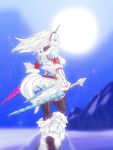  3:4 anthro blue_body breasts butt capcom clothed clothing detailed_background elder_dragon equid equine female fluffy fluffy_tail hair holding_object holding_weapon horn horse kirin_(mh) mammal melee_weapon monster_hunter moon pony q_wed smile solo sword video_games weapon white_hair 