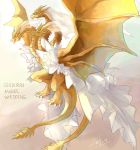  2_tails clothed clothing dress english_text feral flying godzilla_(series) hydra kaiju king_ghidorah membrane_(anatomy) membranous_wings multi_head multi_tail scales solo text toho wedding_dress wings yellow_body yellow_scales zetou 