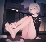  1girl bare_legs barefoot black_dress dress english_text feet hair_ornament hairclip highres nishikasai_munieru no_shoes original panties short_hair silver_eyes silver_hair socks soles solo toes underwear white_legwear 