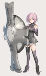  1girl armor armored_dress black_footwear blush breasts elbow_gloves fate_(series) full_body gloves grey_background hair_over_one_eye high_heels highres kippu lavender_hair looking_at_viewer mash_kyrielight medium_breasts mismatched_legwear open_mouth ortenaus purple_eyes shield short_hair simple_background solo standing 