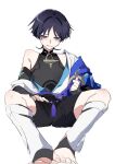  1boy armor armpit_crease bishounen black_bodysuit black_bridal_gauntlets black_hair black_shorts blue_cape blue_kimono blunt_ends blush bodysuit bridal_gauntlets cape commentary_request eyeliner genshin_impact hand_on_own_thigh highres holding holding_rope japanese_armor japanese_clothes juban kimono kote kurokote leg_warmers looking_down makeup male_focus mandarin_collar open_clothes open_kimono parted_lips purple_eyes red_eyeliner retujyo4go rope scaramouche_(genshin_impact) shorts shoulder_peek side_cape simple_background single_bare_shoulder single_off_shoulder sitting sketch solo sweatdrop toenails toes tsurime wanderer_(genshin_impact) white_background white_kimono white_leg_warmers wispy_bangs 