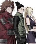  1girl 2boys akimichi_chouji black_hair blonde_hair brown_hair closed_mouth crossed_arms earrings flak_jacket forehead_protector from_side hair_over_one_eye hand_in_pocket highres jacket jewelry konohagakure_symbol long_hair looking_at_viewer looking_to_the_side multiple_boys nara_shikamaru naruto_(series) naruto_shippuuden ponytail sso_s swirl_on_cheek team_10_(naruto) temari_(naruto) 