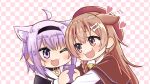  2girls :3 ahoge animal_collar animal_ears black_collar black_hairband bone_hair_ornament brown_capelet brown_eyes brown_hair capelet cat_ears cat_girl checkered_background collar commentary_request dog_ears dog_girl fang fangs hair_ornament hairband hat heart highres holding holding_phone hololive inugami_korone inugami_korone_(street) matsubara_tsuyoshi multiple_girls nekomata_okayu nekomata_okayu_(school_uniform) one_eye_closed phone purple_eyes purple_hair red_hat skin_fangs sweatdrop textless_version virtual_youtuber 