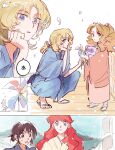  2boys 2girls akizuki_luca alternate_universe black_eyes black_hair blonde_hair blue_eyes brothers commentary_request crossdressing crossdressing_(mtf) falling_petals highres japanese_clothes kimono lara_(sayonara_lara) multiple_boys multiple_girls ohakka_(shachi-hokori) ootsu_mari petals pinwheel ponytail red_hair sandals sayonara_lara siblings squatting 