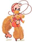 antennae_(anatomy) anthro aquatic arthropod beady_eyes big_breasts black_eyes blush breasts crustacean female front_view gooberwares head_tuft hi_res looking_at_viewer naturally_censored pink_body pointy_nose shrimp simple_background solo thick_thighs tuft white_background wide_hips