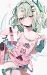 1girl absurdres aria_(human)_(zenless_zone_zero) aria_(zenless_zone_zero) arm_warmers bag bare_shoulders black_choker blush breasts character_print choker closed_mouth collarbone commentary_request cowboy_shot green_arm_warmers green_eyes green_hair hair_ornament hairclip hand_on_own_hip highres looking_at_viewer mainai_(pochiwan1108) nangong_yu official_alternate_costume pink_bag pink_shirt pout self_character_print shirt shorts simple_background small_breasts solo striped_arm_warmers sunna_(delusions_in_business)_(zenless_zone_zero) sunna_(zenless_zone_zero) thigh_strap white_background white_wings winged_bag wings zenless_zone_zero 