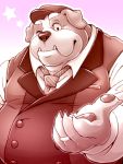  2020 3:4 anthro belly blush canid canine canis clothing cute_fangs domestic_dog hi_res kemono male mammal necktie one_eye_closed overweight overweight_male shirt solo topwear wink zapapanda 