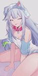  1girl absurdres animal_ears ball blue_eyes breasts cleavage collar commentary dog_ears dog_girl grey_hair hair_between_eyes highres homshi indie_virtual_youtuber long_hair multicolored_nails pink_collar pointy_ears simple_background solo spiked_collar spikes tennis_ball tennis_ball_hair_ornament thighs vei_(dog_girl)_(vtuber) vei_(vtuber) virtual_youtuber 