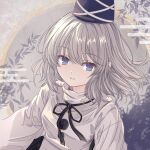  1girl black_ribbon blue_eyes blue_hat closed_mouth commentary_request commission egasumi grey_hair hat highres japanese_clothes kariginu long_hair long_sleeves looking_at_viewer mimi_(rasy5002) mononobe_no_futo neck_ribbon pom_pom_(clothes) ponytail ribbon skeb_commission smile solo tate_eboshi touhou upper_body wide_sleeves 