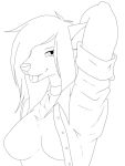  3:4 anthro breasts canid canine clothed clothing fan_character fangs female hair mammal monochrome open_mouth open_smile partially_clothed q_wed shirt simple_background sketch smile solo tongue tongue_out topwear white_background 