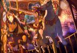  2boys carnival carousel commentary_request fairy fireworks green_tunic highres link looking_at_another lulu_(zelda) majora_(zelda) mask moon_(zelda) multiple_boys nasagina skull_kid the_legend_of_zelda the_legend_of_zelda:_majora's_mask toy_horse tunic young_link 