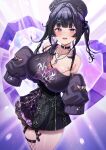  1girl :d absurdres armpit_crease black_choker blush breasts choker cleavage commentary_request eichan_(eichanidfi) hat highres huge_breasts looking_at_viewer nijisanji off-shoulder_sweater off_shoulder purple_eyes purple_hair ring_light_reflection senri_ayumu senri_ayumu_(1st_costume) single_fishnet_legwear sleeves_past_fingers sleeves_past_wrists smile solo sweater virtual_youtuber 