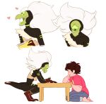 1_eye alien anthro arthropod beak bodily_fluids cartoon_network centipede centipeetle clothed clothing corrupted_gem crying digital_media_(artwork) duo female gem_(species) green_body happyds human male mammal myriapod nephrite_(gem_species) open_mouth simple_background steven_quartz_universe steven_universe tears