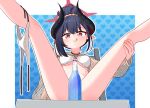  1girl :q arm_support bare_legs between_legs bikini bilingual_commentary black_hair black_horns blue_archive blue_background blush border bottle bottomless breasts chair chiaki_(blue_archive) chiaki_(swimsuit)_(blue_archive) chinese_commentary cleavage closed_mouth collarbone commentary convenient_censoring curled_horns demon_horns double-parted_bangs feet_out_of_frame fishnet_shrug glass_bottle gradient_background hair_between_eyes hair_bun hair_ornament hair_scrunchie halo hand_on_own_leg heart heart_background highres holding_own_leg horns jewelry legs_up long_hair long_sleeves looking_at_viewer lukiyea medium_breasts mixed-language_commentary multicolored_horns necklace o-ring o-ring_bikini o-ring_top official_alternate_costume official_alternate_hairstyle on_chair outline outside_border pointy_ears presenting_own_pussy puffy_long_sleeves puffy_sleeves red_eyes red_halo red_horns scrunchie shrug_(clothing) side-tie_bikini_bottom single_hair_bun single_sidelock sitting slit_pupils smile solo swimsuit tongue tongue_out two-tone_horns unworn_bikini_bottom white_bikini white_border white_outline yellow_scrunchie yellow_shrug 
