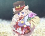  1girl black_hat blue_eyes blurry blurry_background bouquet bow bowtie brown_hair commentary_request cowboy_shot field flower flower_field fluffy_hair hat holding holding_bouquet letter long_hair looking_at_viewer mailman nekoguruma night open_mouth otsukimi_maile outdoors pink_flower pleated_skirt puyopuyo puyopuyo_quest red_bow red_bowtie red_shirt shako_cap shirt skirt smile solo standing stuffed_animal stuffed_rabbit stuffed_toy two_side_up very_long_hair wheat white_flower white_skirt 