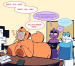 absurd_res ambiguous_gender anthro being_watched big_breasts breast_rest breasts butt canid canine canis chihuahua dalmatian dialogue domestic_dog english_text female fox freckles furniture furryblued0g genderfluid_(lore) group hi_res hypnosis looking_at_another mammal mask mind_control nipples nude red_fox scientist speech_bubble spiral text toy_dog trans_(lore) trans_woman_(lore) trio true_fox worship