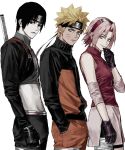  1girl 2boys black_hair blonde_hair closed_mouth crop_top cropped_jacket facial_mark forehead_protector from_side front-to-back gloves haruno_sakura highres jacket konohagakure_symbol looking_at_viewer looking_to_the_side midriff multiple_boys naruto_(series) naruto_shippuuden pink_hair sai_(naruto) short_hair simple_background smile sso_s sword sword_on_back uzumaki_naruto weapon weapon_on_back whisker_markings white_background 