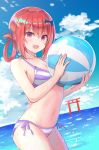  1girl :d ball bangs beachball bikini breasts cleavage cloud dutch_angle eyebrows_visible_through_hair fang gabriel_dropout hair_ornament hair_ribbon hair_rings highres holding holding_beachball kurumizawa_satanichia_mcdowell medium_breasts navel ocean open_mouth outdoors red_eyes red_hair ribbon sidelocks sky smile striped striped_bikini swimsuit tenma-gav torii vampire_(azur_lane) wet 