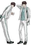  1boy aqua_shirt arm_behind_head bag brown_hair duffel_bag full_body haikyuu!! highres jacket male_focus multiple_views oikawa_tooru_(haikyuu!!) pants shirt short_hair simple_background sso_s standing track_suit waving white_background white_jacket white_pants 