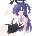  1girl animal_ears arm_up armpits ass_visible_through_thighs bare_arms bare_legs bare_shoulders black_coat black_gloves black_halo black_leotard blue_archive blue_necktie blush breasts cleavage coat collar collarbone commentary detached_collar facing_viewer fake_animal_ears gloves hair_between_eyes halo highres id_card iori488 leaning_forward leotard long_hair looking_at_viewer mechanical_halo medium_breasts millennium_science_school_logo necktie official_alternate_costume official_alternate_hairstyle playboy_bunny purple_eyes purple_hair rabbit_ears rabbit_tail red_pupils short_necktie short_twintails sideboob simple_background smile solo strapless strapless_leotard sweatdrop tail thigh_gap twintails untranslatable_commentary vest waistcoat white_background white_collar white_wrist_cuffs wrist_cuffs yuuka_(blue_archive) 