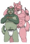  2020 anthro asian_clothing barazoku belly blush bulge canid canine chan_kiti_chan_(artist) clothing duo east_asian_clothing eating food fox fundoshi fur green_body green_fur hi_res humanoid_hands japanese_clothing kemono male male/male mammal navel nipples overweight overweight_male pubes raccoon_dog tanuki underwear 