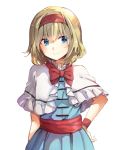  1girl alice_margatroid bangs blonde_hair blue_dress blue_eyes bow capelet dress eyebrows_visible_through_hair eyes_visible_through_hair frills hairband hand_on_hip lolita_hairband mitsunara red_bow red_neckwear sash short_hair short_sleeves solo touhou white_background white_capelet 