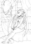  anthro avian babydoll bird book breasts cleavage clothed clothing dragon feral hi_res horn inside longinius membrane_(anatomy) membranous_wings monochrome myra_(glacierclear) nightgown non-mammal_breasts panties solo underwear window wings 