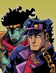  2boys 404_ikasaurus absurdres alternate_skin_color black_hair chain clenched_teeth coat commentary ear_piercing english_commentary gakuran green_background green_eyes hat highres jojo_no_kimyou_na_bouken kujo_jotaro light_frown long_coat multiple_boys outline piercing school_uniform serious short_hair silver_skin simple_background stand_(jojo) star_platinum stardust_crusaders teeth upper_body white_outline yellow_eyes 