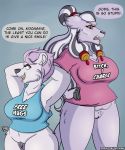 anthro big_breasts bottomless breasts cleavage clothed clothing dialogue english_text felid female genitals hand_on_hip hi_res korzynski larger_female lion looking_back mammal mature_female pantherine polar_bear pose pubes pussy size_difference sketchybug smaller_female text ursid ursine vera_korzynski 